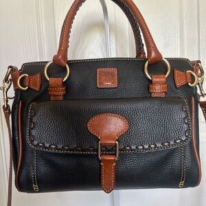 Dooney & Bourke Navy Blue Leather Vintage Pocket Satchel with Brown Trim